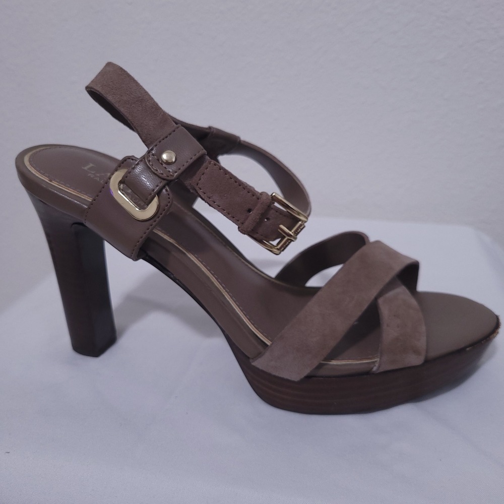 Lauren‎ Ralph Lauren Sabira Taupe Suede Platform Sandals Heels Womens Size 8B